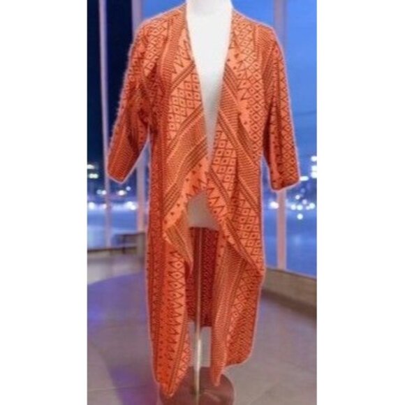 LuLaRoe Medium Coral Aztec Print Long Drape Cardigan Lightweight - Picture 1 of 9